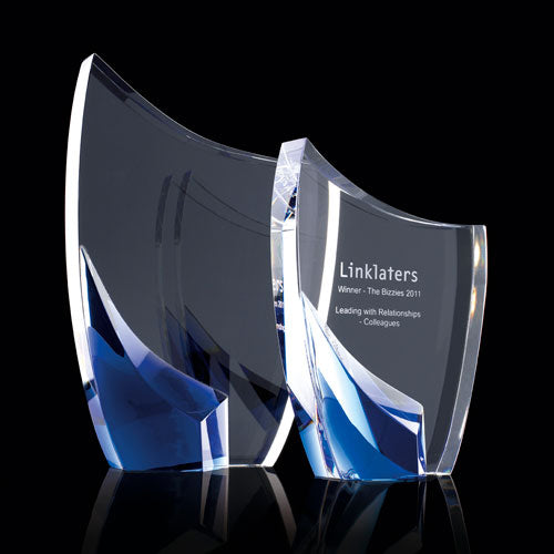 Large Crystal crescent with blue stand supplied in a presentation box