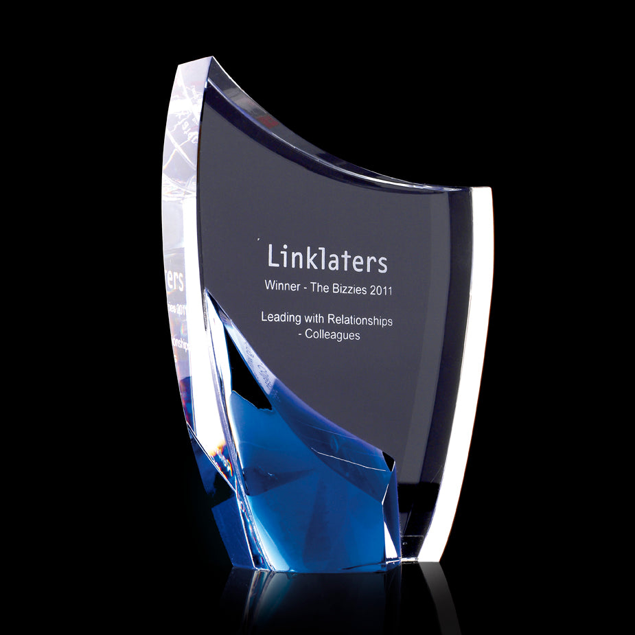 Medium Crystal crescent with blue stand supplied in a presentation box