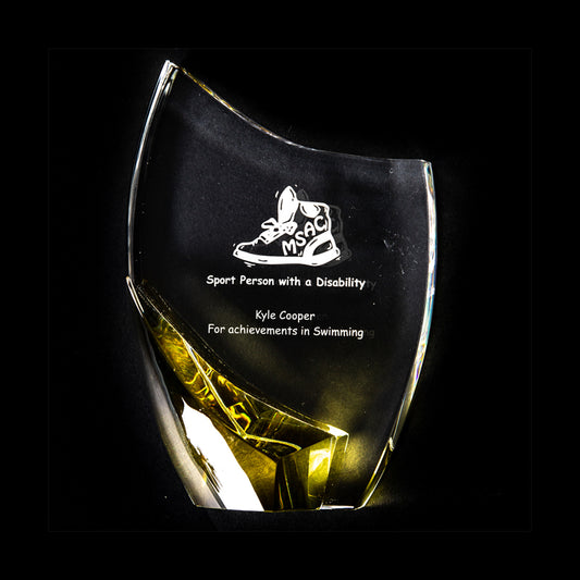 Medium Crystal crescent with yellow stand supplied in a presentation box