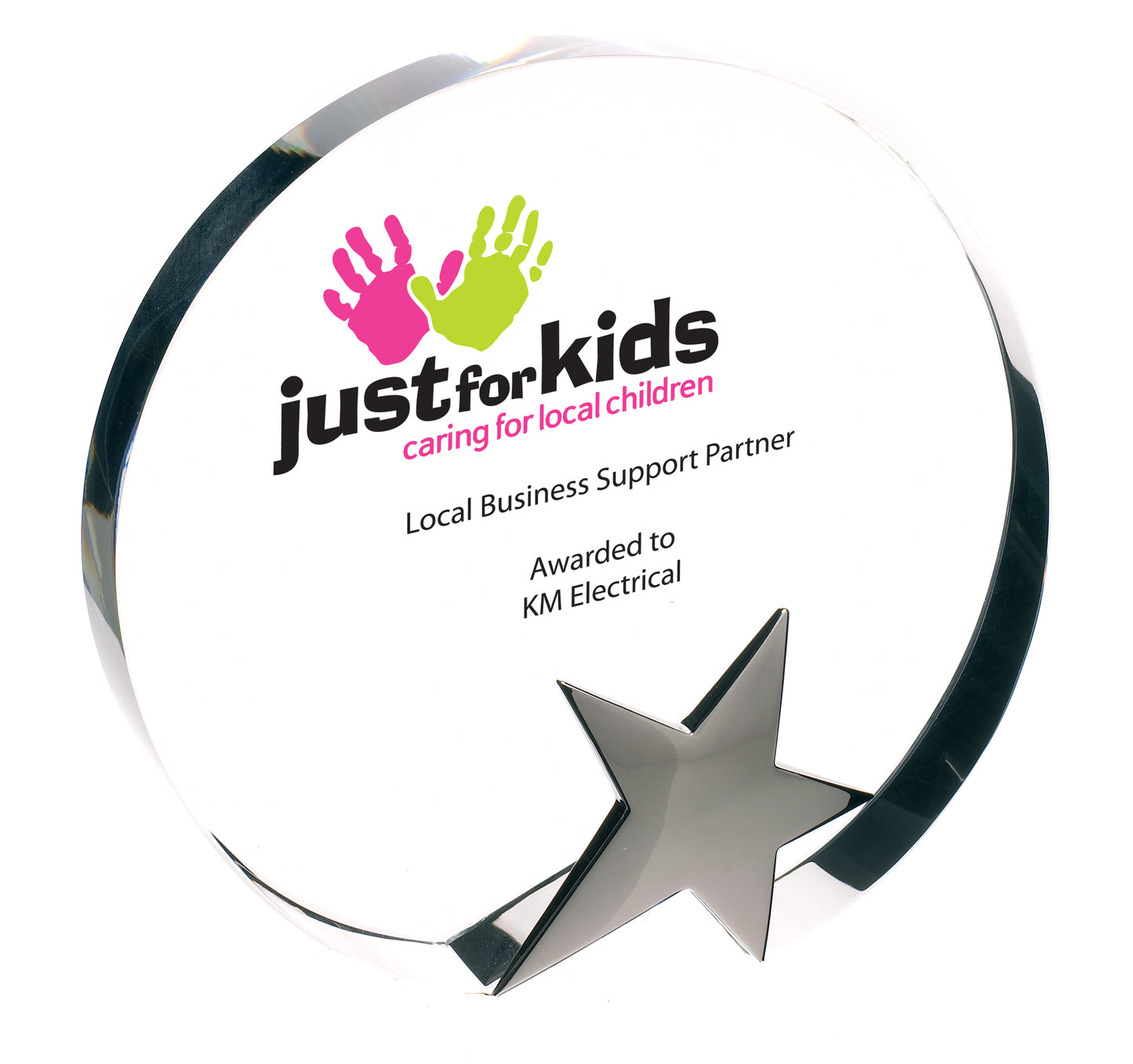 Round crystal award with chrome star 145mm high supplied in a presentation box