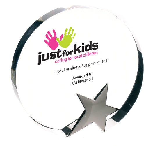Round crystal award with chrome star 145mm high supplied in a presentation box
