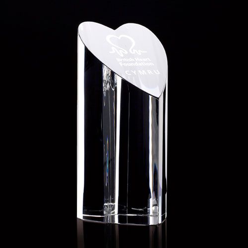 Optical crystal heart prism column award 150mm high supplied in a presentation box