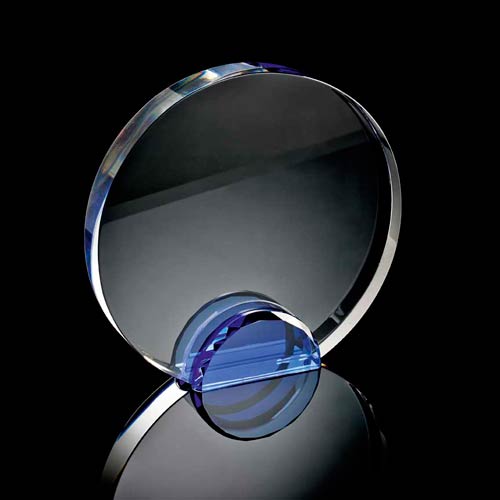 Large round crystal frame with blue crystal facet stand supplied in a presentation box