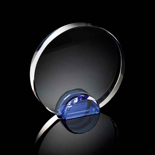 Medium round crystal frame with blue crystal facet stand supplied in a presentation box
