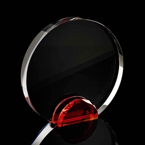 Large round crystal frame with red crystal facet stand supplied in a presentation box