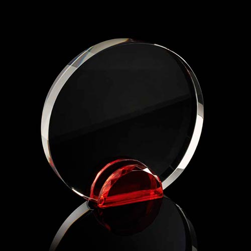 Medium round crystal frame with red crystal facet stand supplied in a presentation box