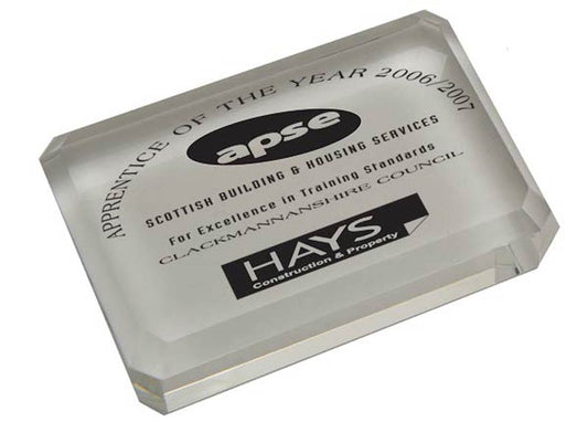 Optical crystal rectangle paperweight 100x70x19mm supplied in a presentation box