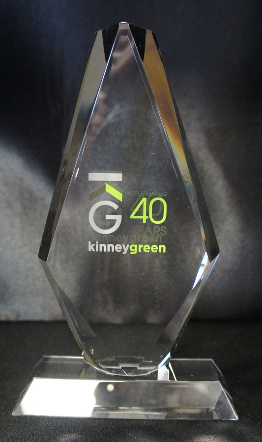 Crystal facetted diamond shaped award with flat top supplied in a presentation box