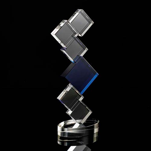 Crystal squares with central blue square tower on a crystal supplied in a presentation box